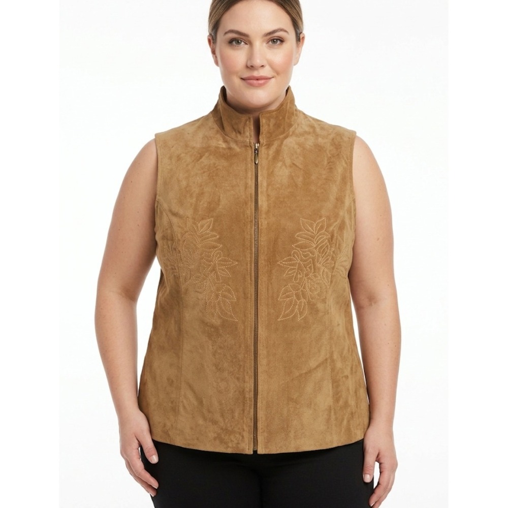 Coldwater Creek Vest Womens 1X Brown Leather Suede Floral Embroidered‎ Zip Mock
